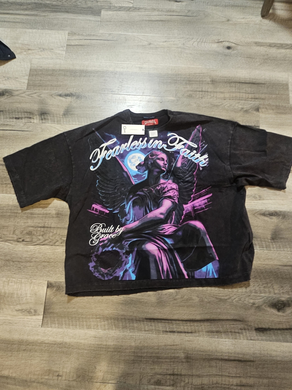 Fearless in Faith Short Sleeve Graphic Tee - Black with Blue & White Script